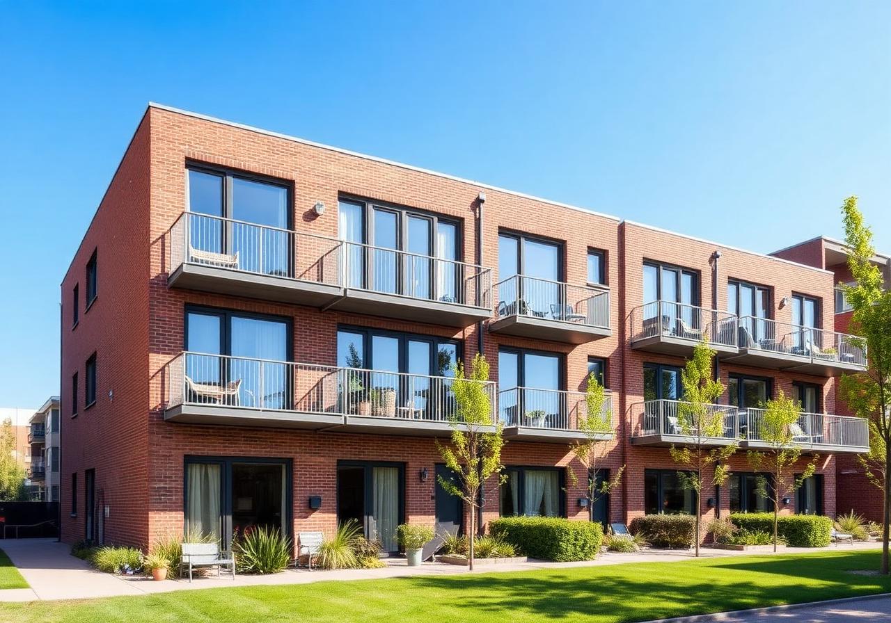 Modern appartementencomplex met balkons en grote kozijnen — Regel-air® zorgt per woning voor frisse lucht zonder tocht.