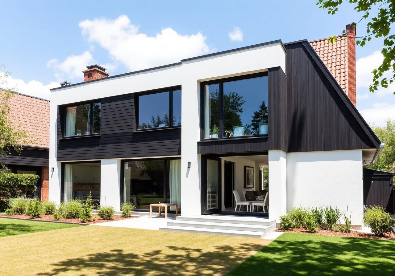 Moderne vrijstaande villa met grote raampartijen en strakke kozijnen — Regel-air® houdt de woning gezond zonder ramen open.