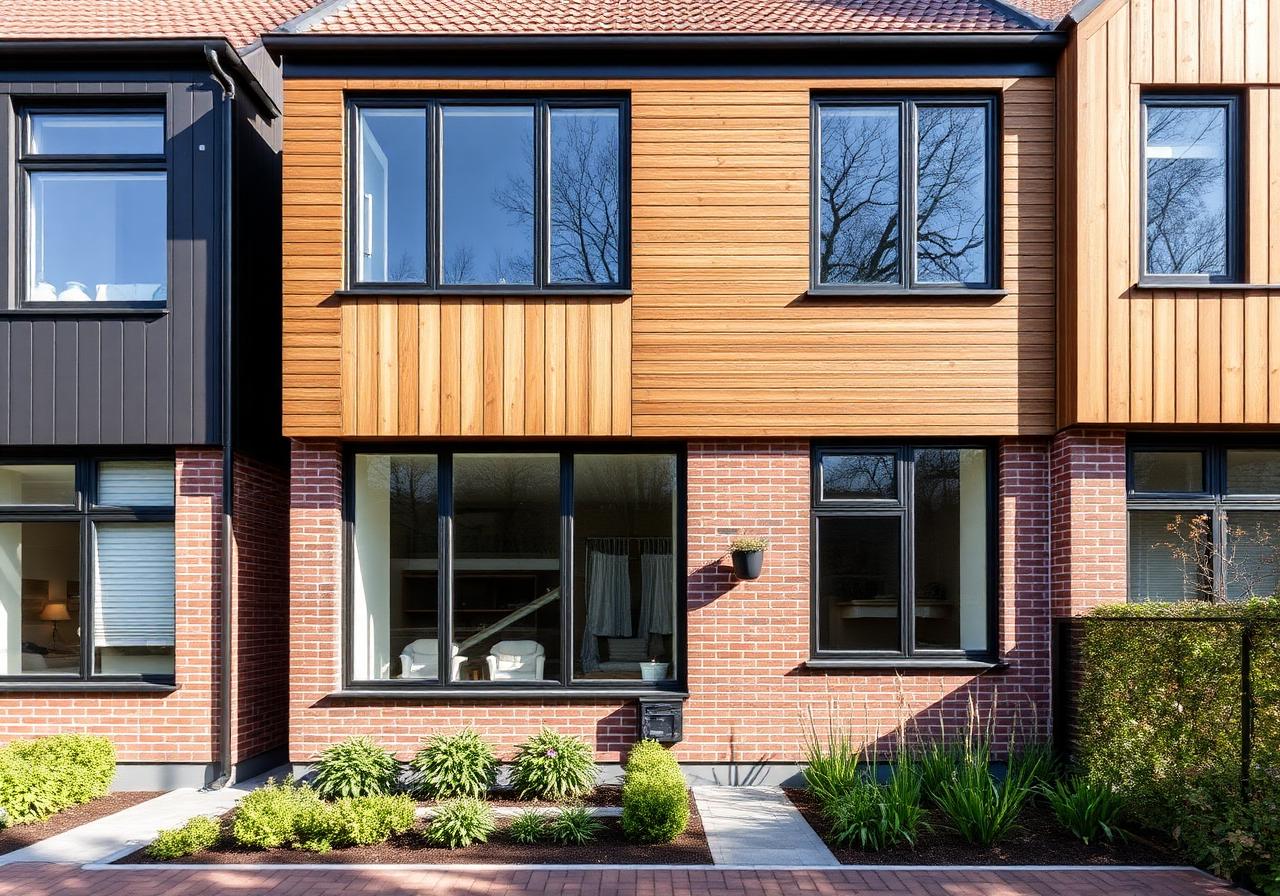 Moderne hoekwoning met mix van baksteen en houten gevel — Regel-air® ventileert zonder het strakke gevelbeeld te verstoren.