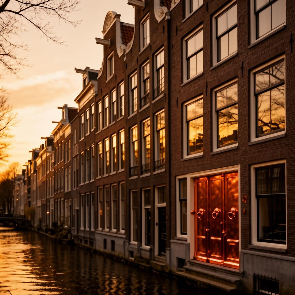 Stadse grachtengordel bij avondlicht met koperen voordeur