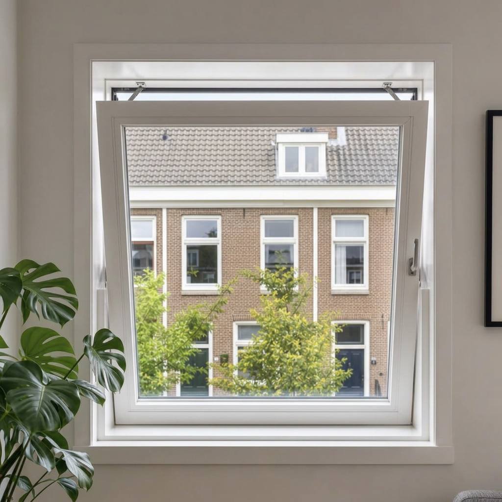 Draaikiepraam in perspectief — slank wit profiel met kierstand voor ventilatie in een Amsterdams interieur