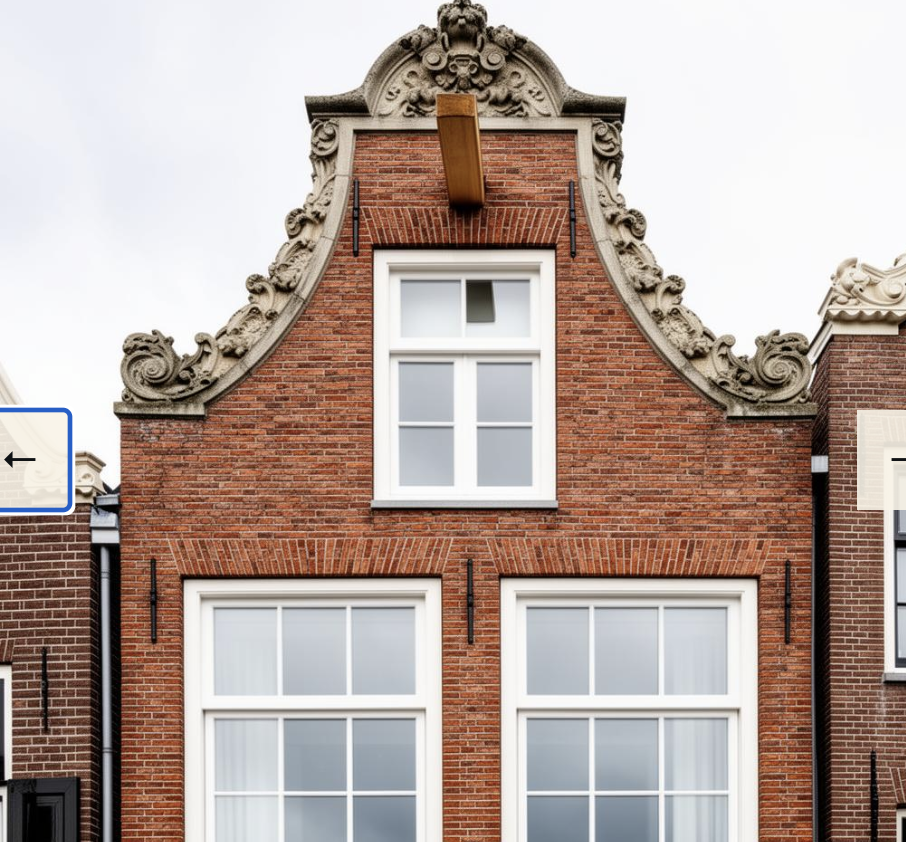 Hardhouten kozijnen — Monumentale Amsterdamse topgevel — wit gelakte hardhouten kozijnen met roedeverdeling
