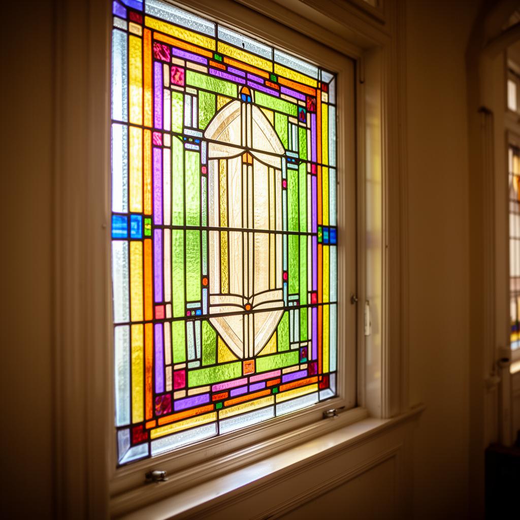 Authentiek glas-in-lood raam — kleurrijk geometrisch patroon in jaren '30 woning