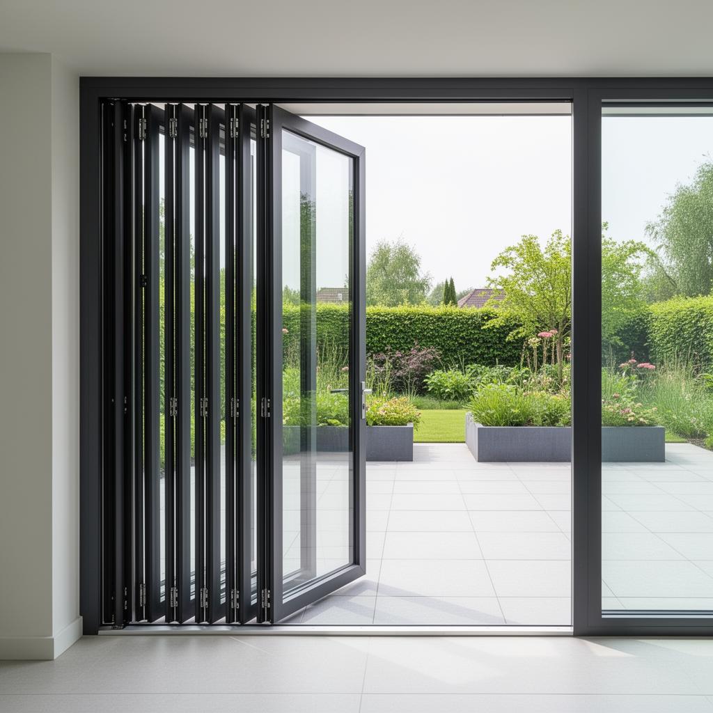 Harmonicapui met slanke aluminium profielen en glazen panelen, deels opengevouwen naar de tuin