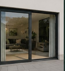 Hefschuifpui in zwart aluminium — groot glasvlak, soepele bediening, modern interieur