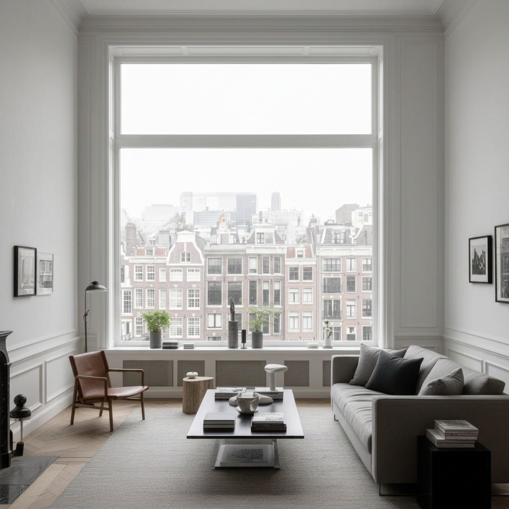 Vast raam met bovenlicht — statige uitstraling in een hoge stadse woonkamer