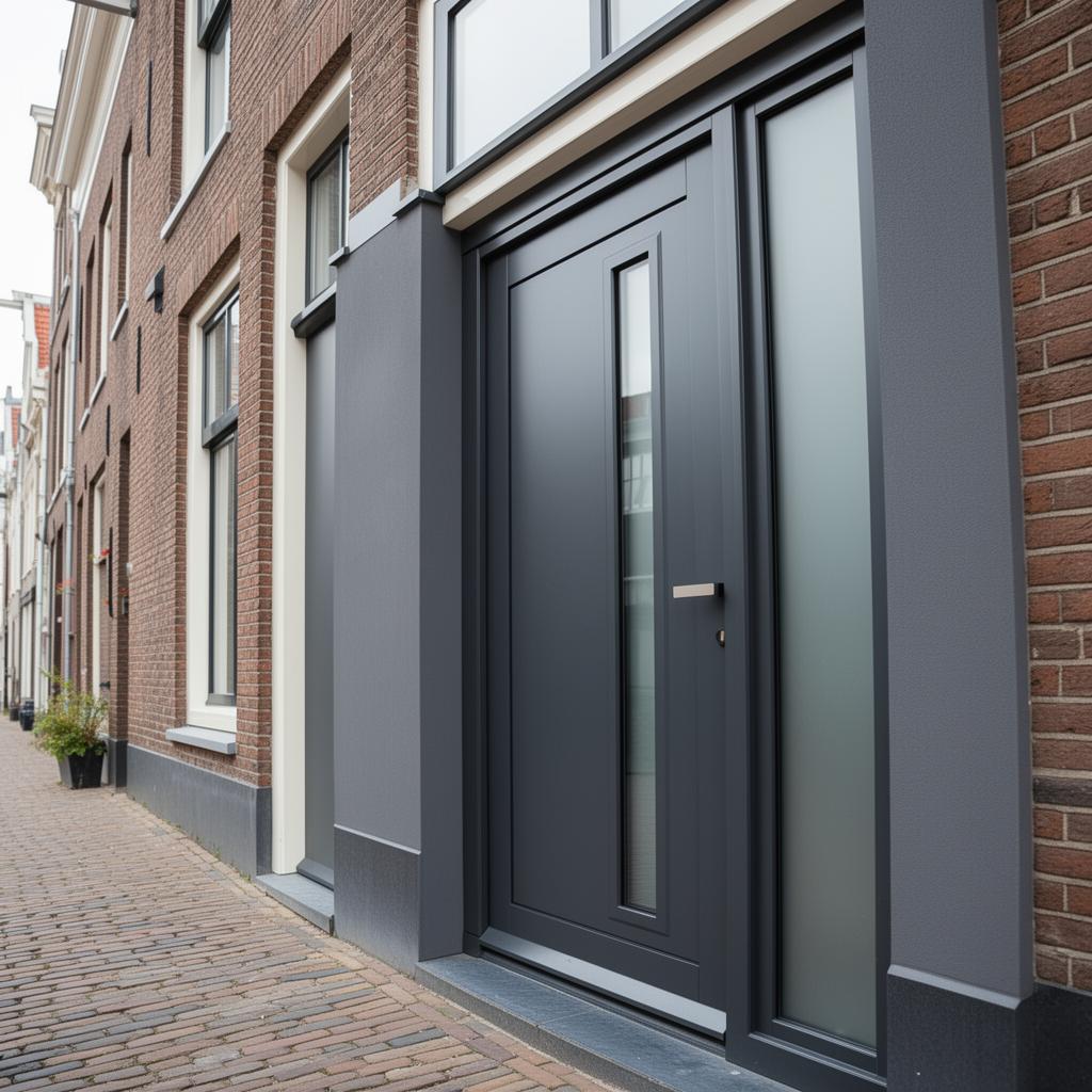 Moderne voordeur in antraciet aluminium — inbraakwerend met smal glasdetail